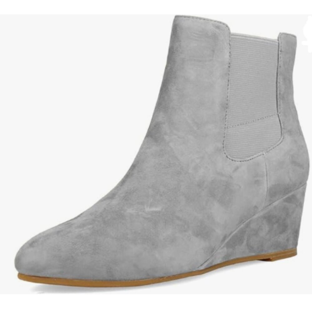 FOWT Grey Round Toe Ankle Boots Stable Wedge Heel Side Zipper Elastic Calf Shoes